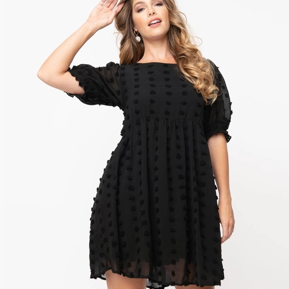 Retro Style Black Pom Pom Babydoll Dress - Small - Picture 2 of 6